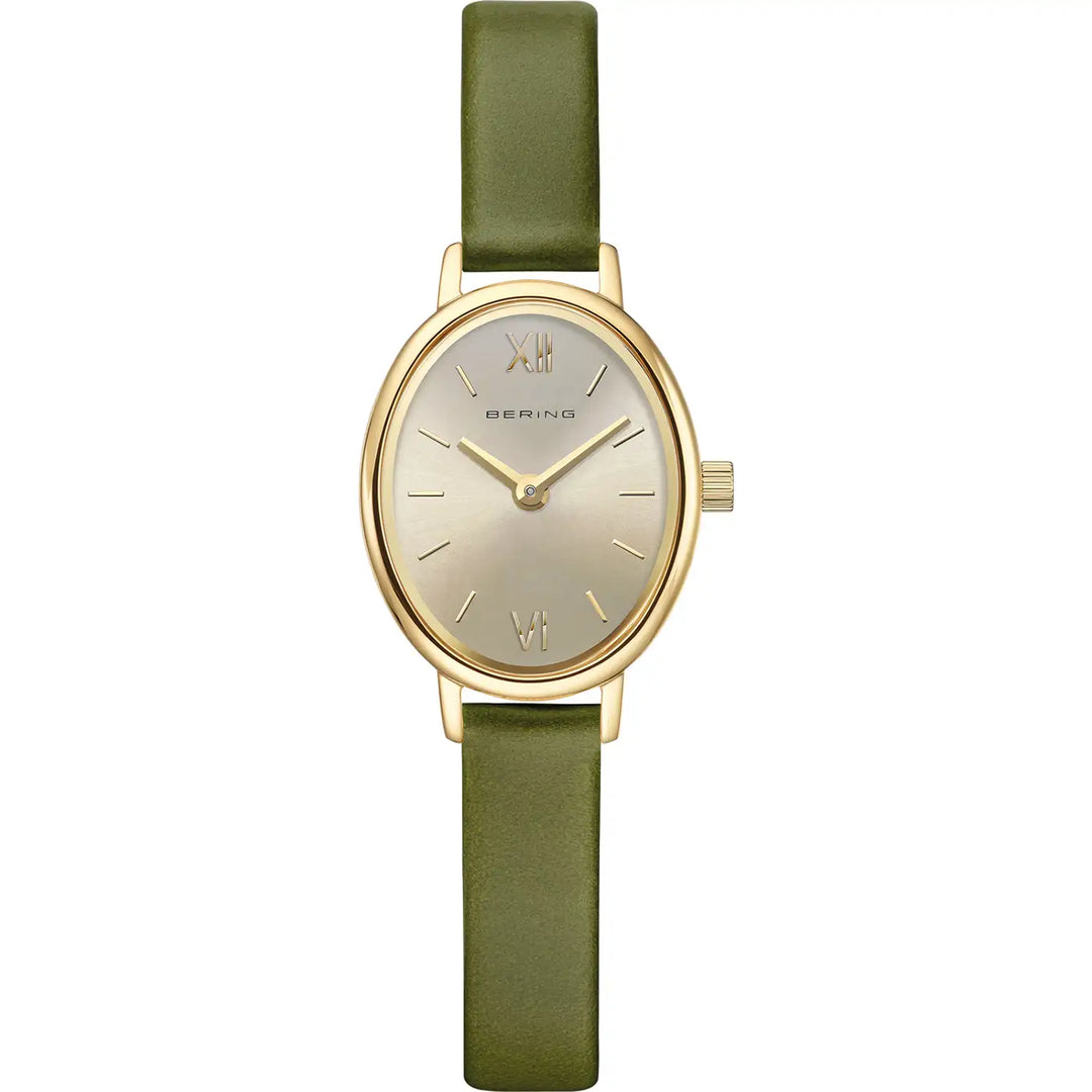 BERING Classic Damenuhr 11020-833 – Gold Olivegrün Milanaise Saphirglas
