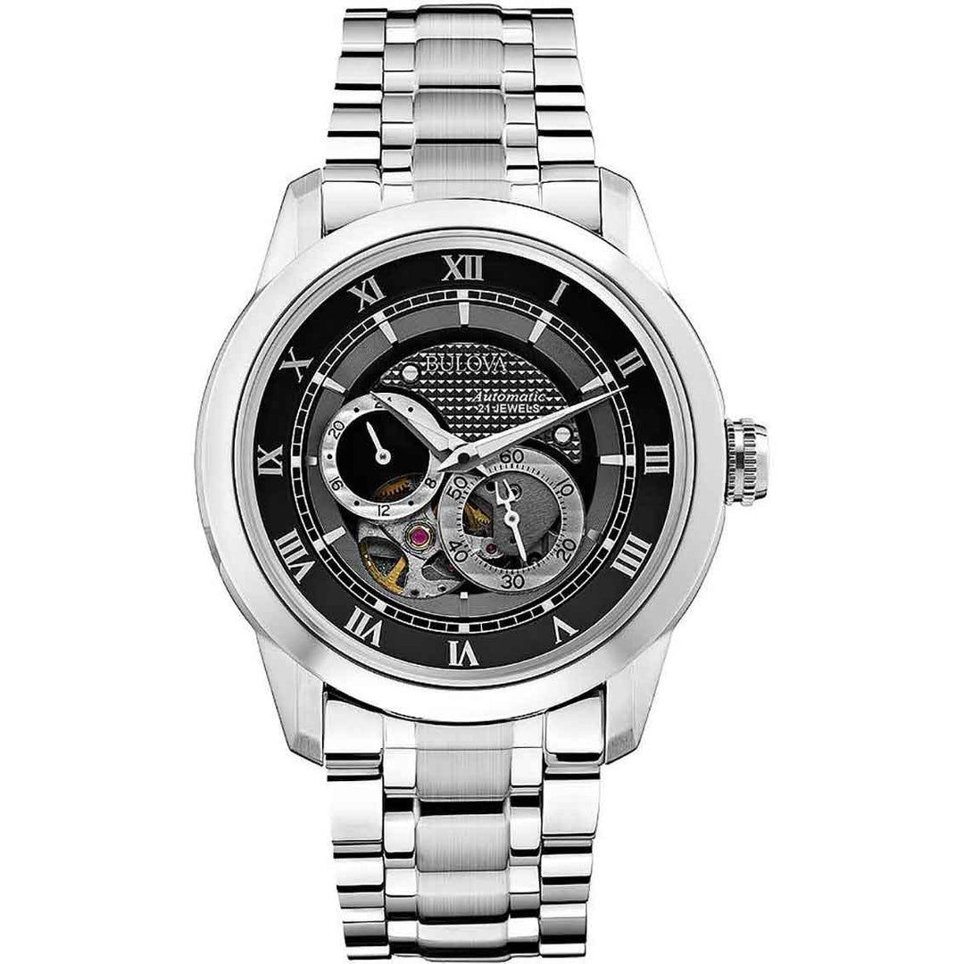 Bulova Sutton 96A119 Automatik - Herrenuhr mit Glasboden & schwarzem Zifferblatt