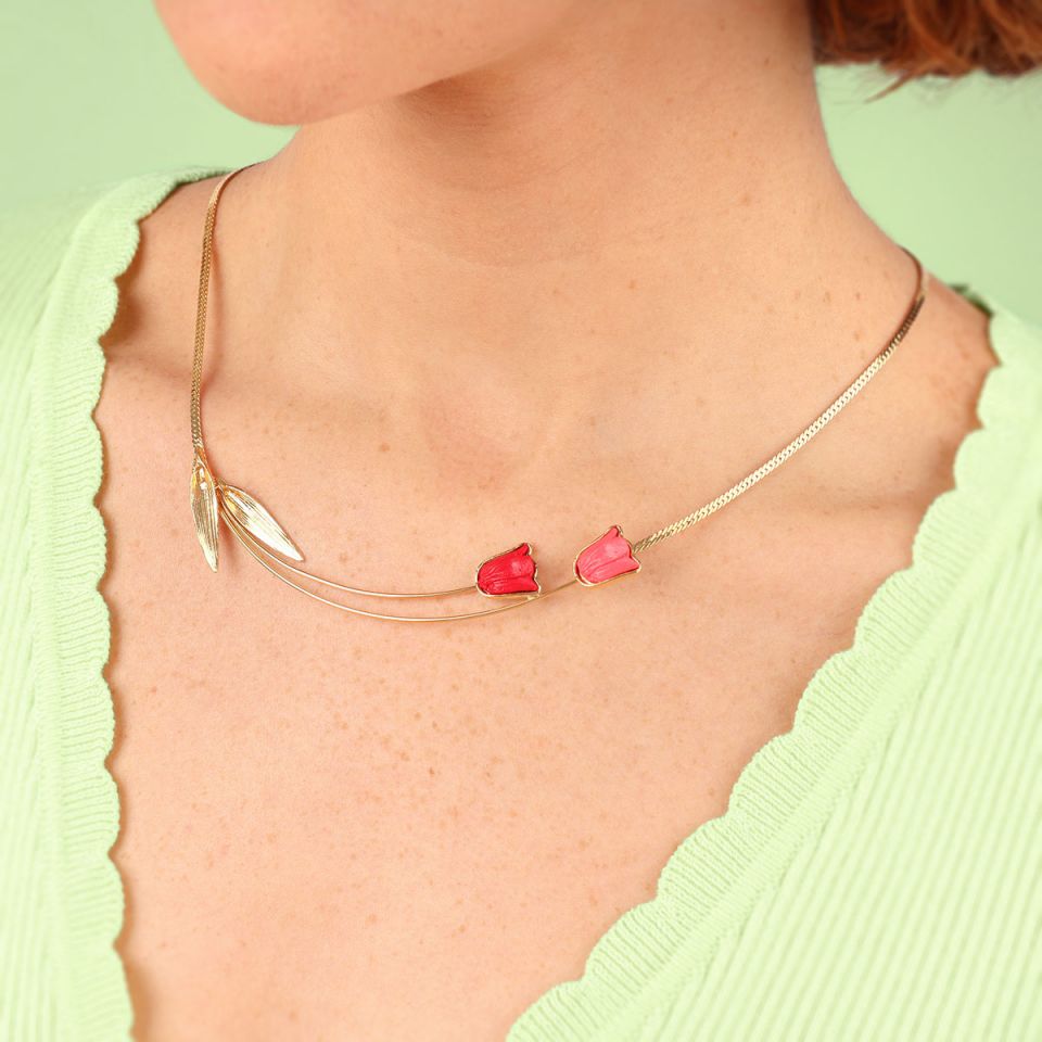 Taratata Halskette Fanfan - Modeschmuck mit Blumenmotiv Rot/Rosa
