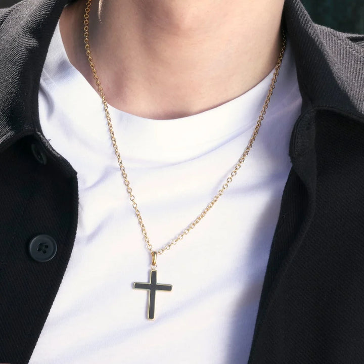 SON Halskette Herren Edelstahl vergoldet, Karbon, mit Kreuz 60cm